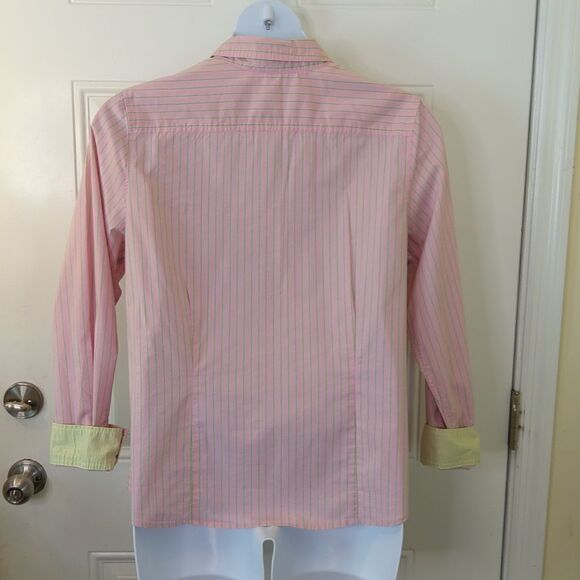 Old Navy perfect fit long sleeve pink and green stripe button front shirt. - Picture 12 of 15